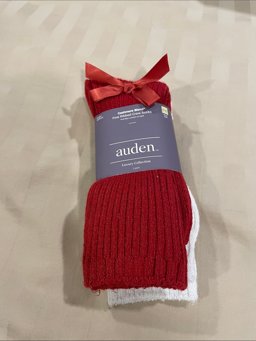 Auden Ribbed Cashmere Blend Socks - Red and White (2 Pack), size 4-10